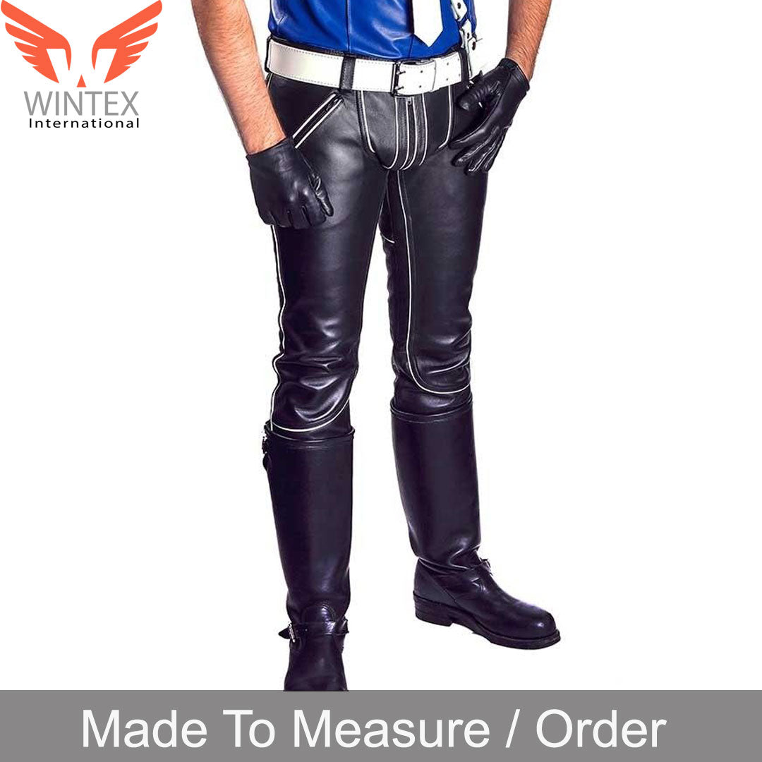 Men’s Real Leather Pants Double Zips Bikers Pants With White / Red / Blue Pipping