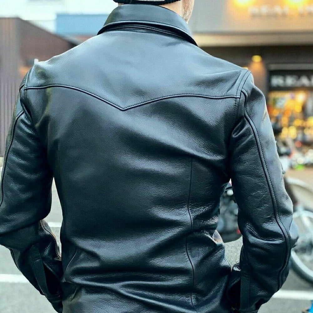 Men’s Genuine Cowhide Leather Black Full Sleeves Leather Shirt Police Uniform Shirt