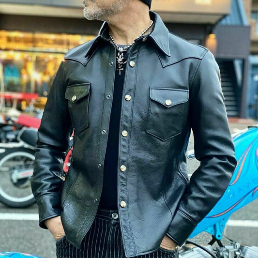 Men’s Genuine Cowhide Leather Black Full Sleeves Leather Shirt Police Uniform Shirt