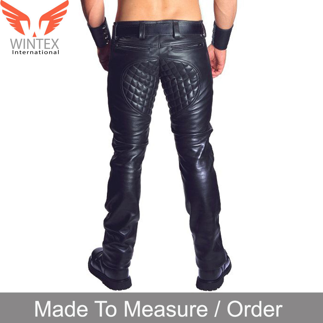 Men’s Real Cowhide Leather Quilted Panels Bikers Pants /Gay Interest Pants