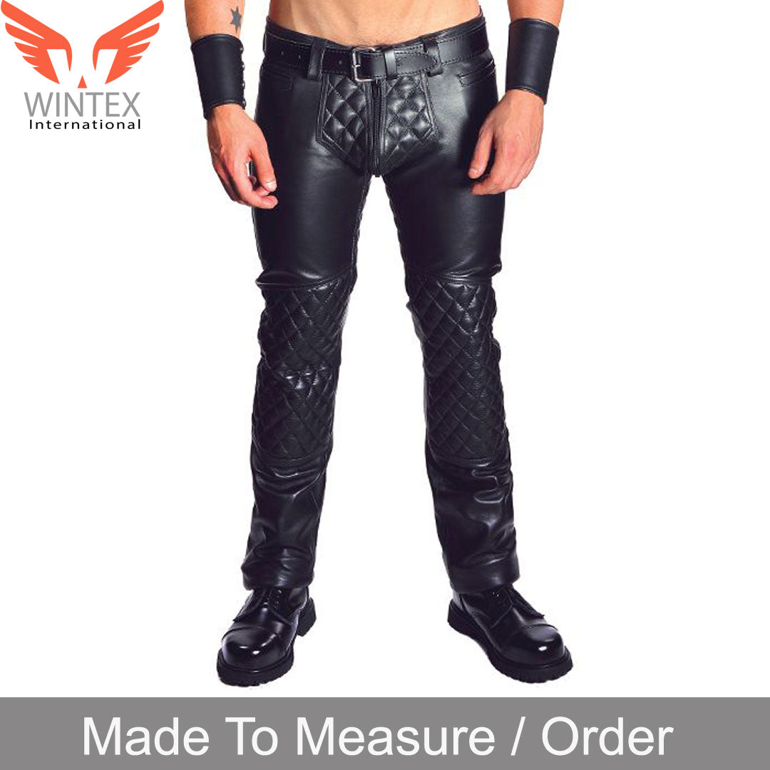 Men’s Real Cowhide Leather Quilted Panels Bikers Pants /Gay Interest Pants
