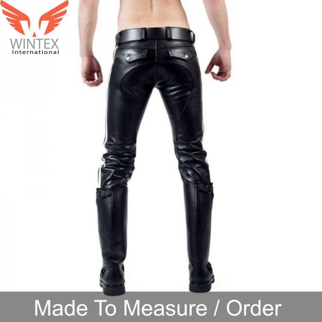 Men’s Genuine Cow Leather BLUF Bikers Pants with Side Contrast Leather Stripes