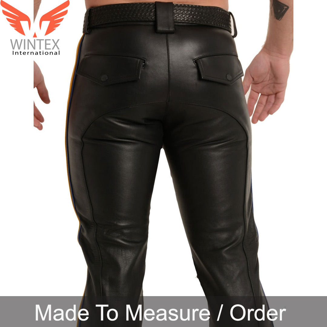 Men’s Genuine Leather Bikers Pants With Contrast Side Stripes Pants