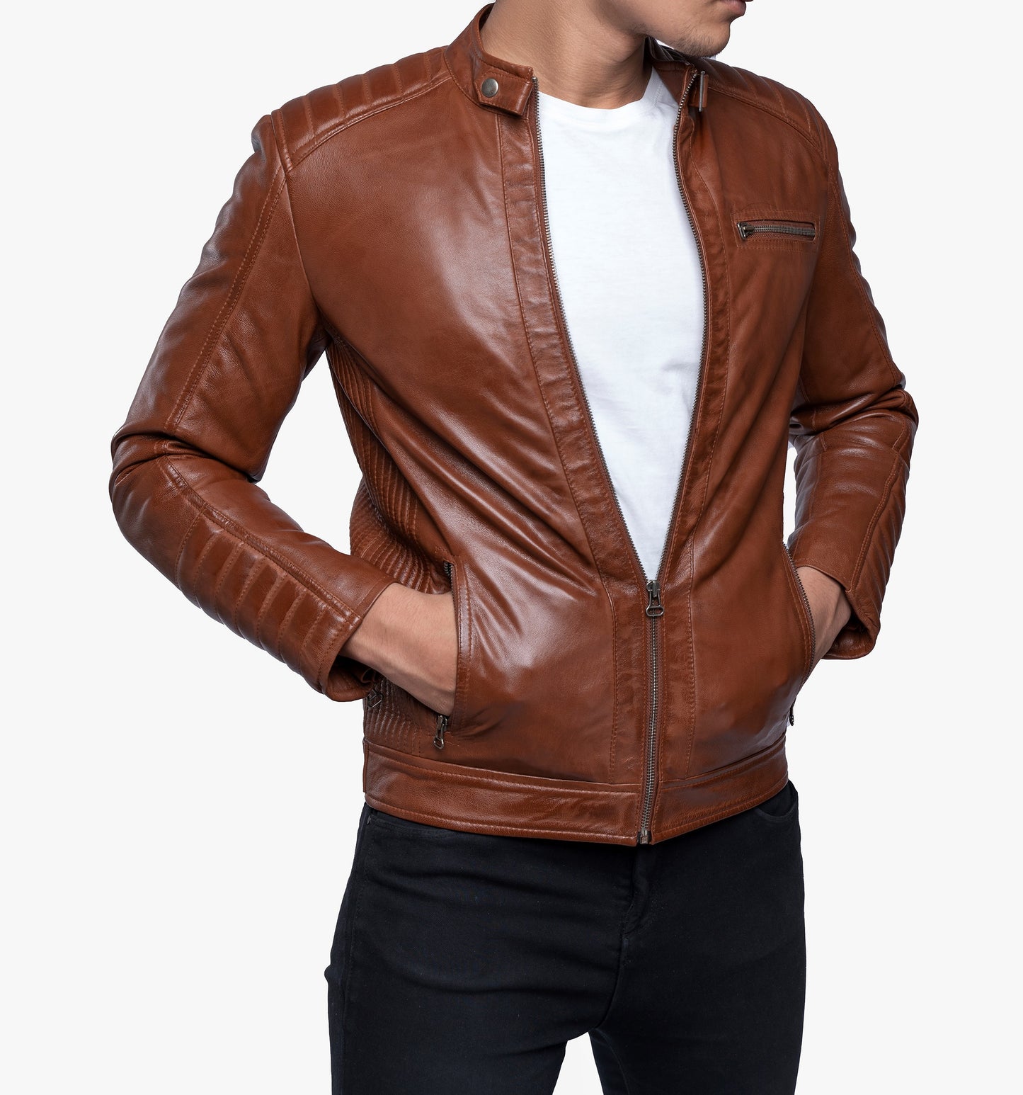 Men's Real Vintage Leather Quilted Panels Cafe Racer Jacket, Bikers Jacket