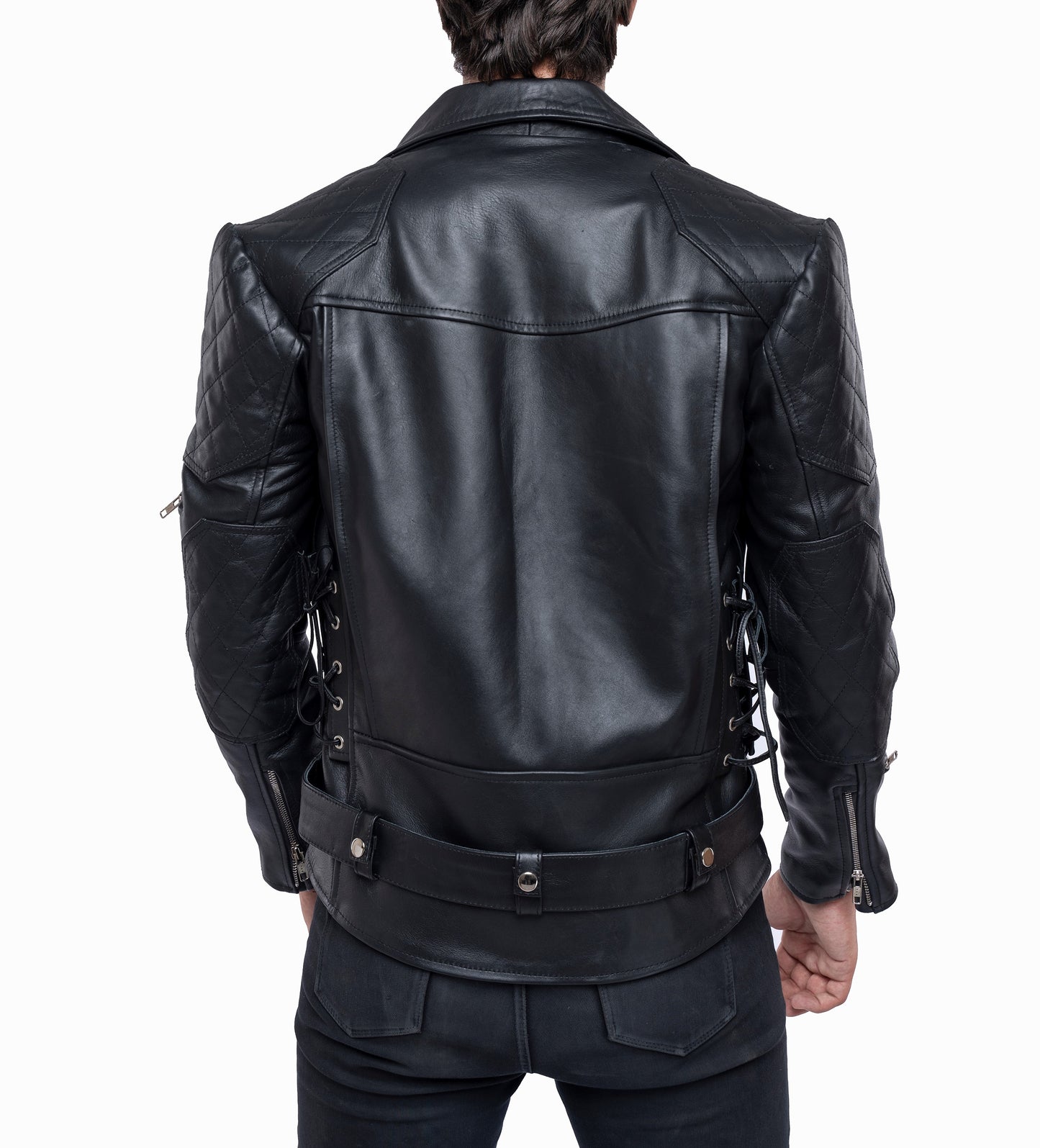 Men's Real Cowhide Bikers Jacket With Quilted Panels And Laces Up Bikers Jacket