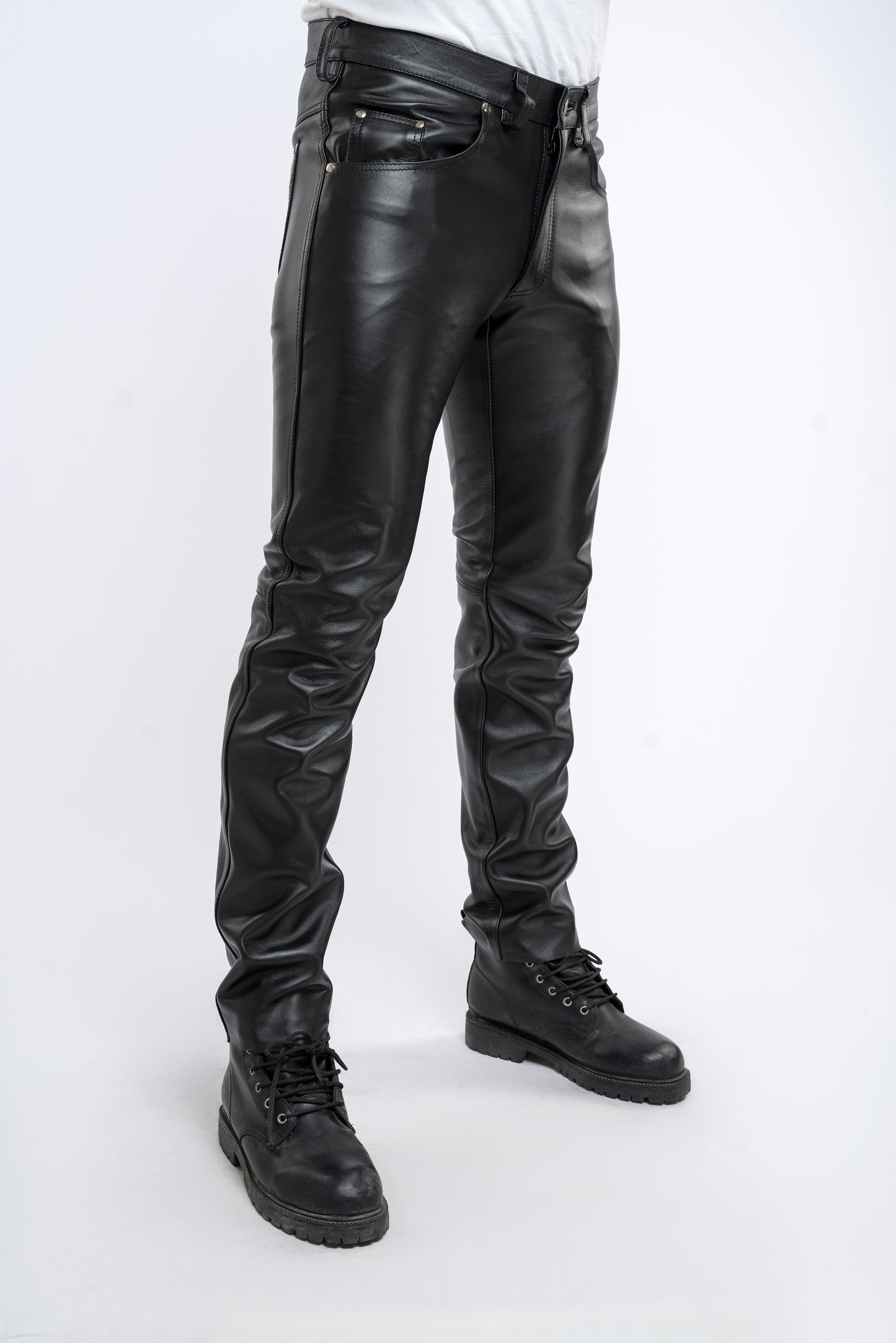 Men's Real Leather Bikers Pants 5 Pockets Pants 501 Levi's Style Leather Jeans Pants