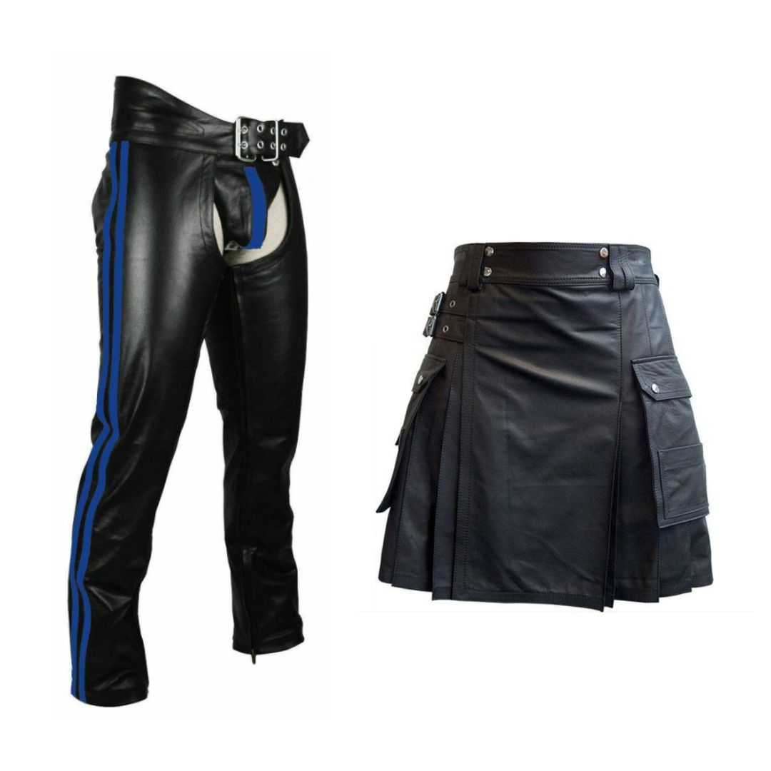 Custom Utility Kilt With Cargo Pockets and Striped Leather Short