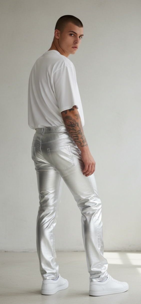 Men's Lamb Leather Silver & Gold Colors 5 Pockets Pants Lamb Leather Pants: