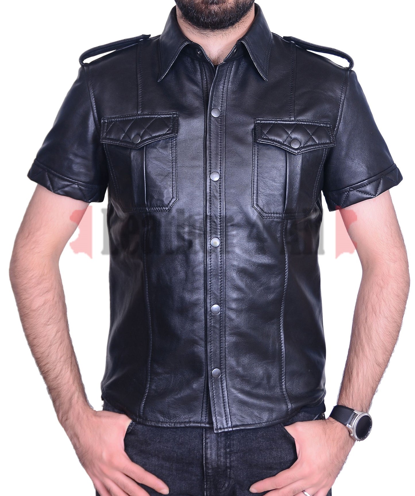 Men's Real Leather Police Shirt Soft Lamb Leather Shirt