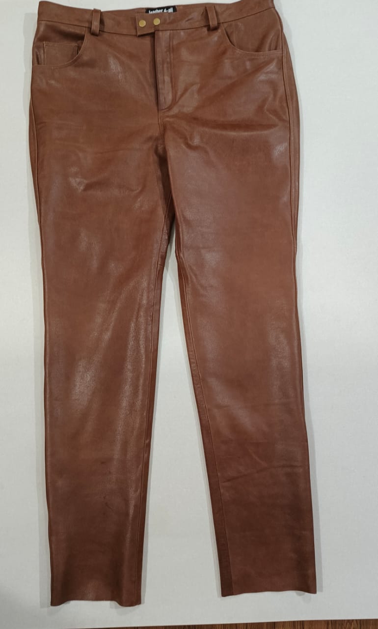 Vintage Brown Natural Grain Cowhide Leather Pants with 5-Pocket Design