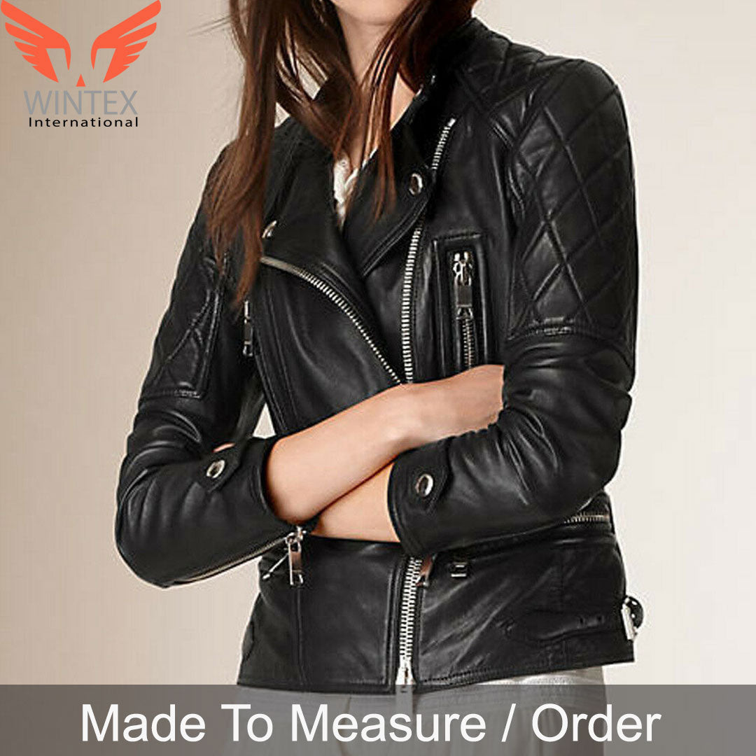 Women’s Real Lamb Leather Bikers Jacket Quilted Panels Leather Biker Jacket