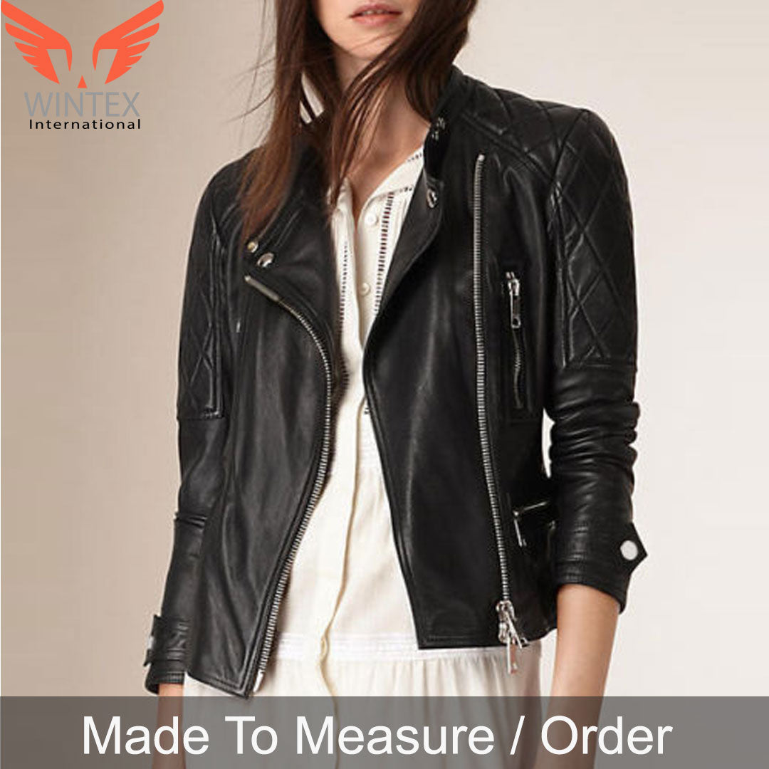 Women’s Real Lamb Leather Bikers Jacket Quilted Panels Leather Biker Jacket