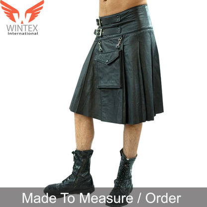 Men’ Real Cowhide Leather Kilt Clubwear SPORRAN Kilt Detachable Front Pocket Kilt