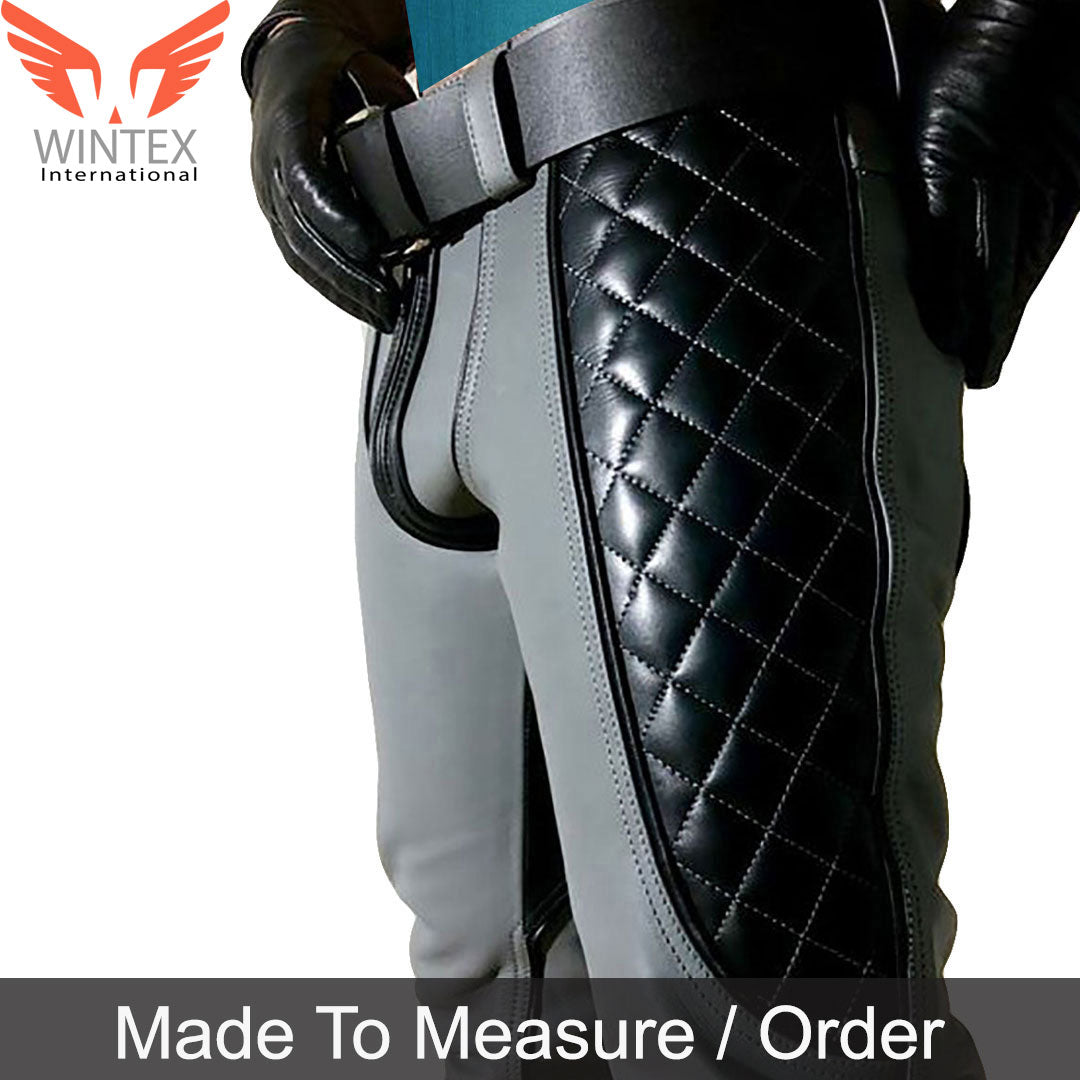 Men’s Real Cowhide Leather Bikers Pants Quilted Panels Grey Leather BLUF Pants