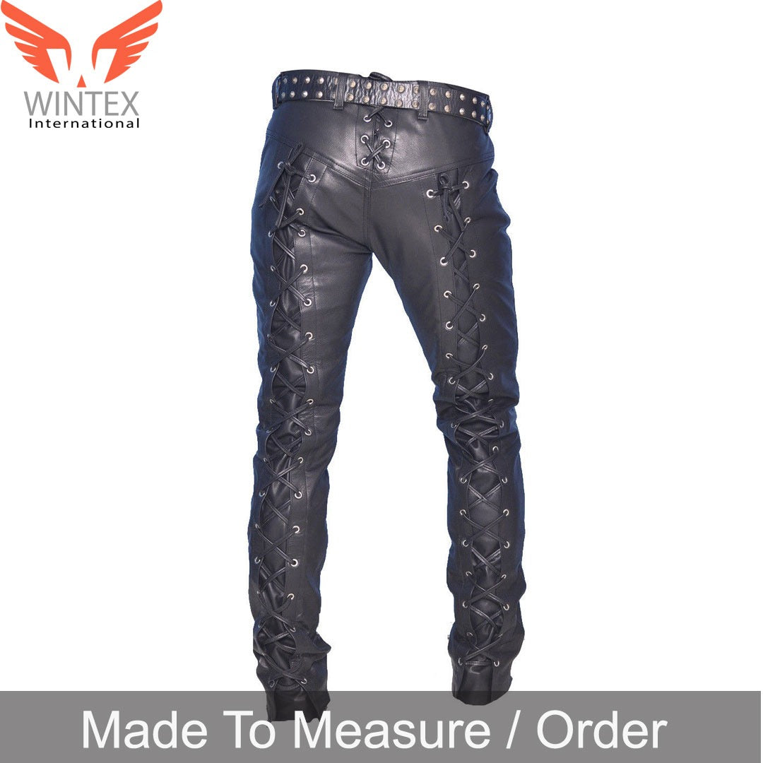 Men’s Real Leather Laces Up Bikers Pants Front And Back Laces Leather Pants