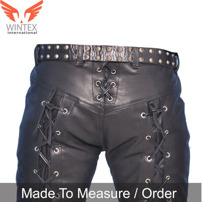 Men’s Real Leather Laces Up Bikers Pants Front And Back Laces Leather Pants