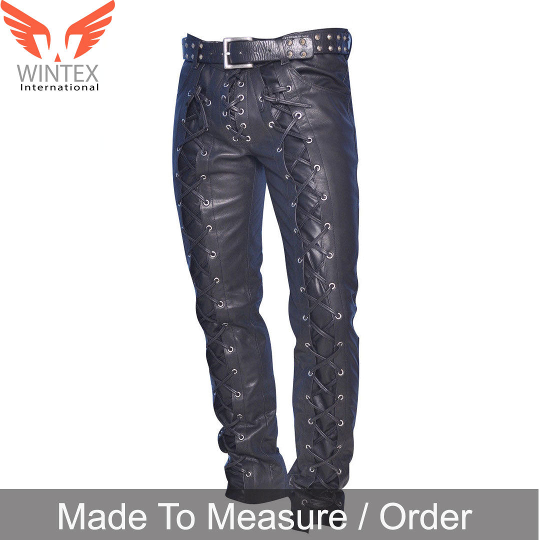 Men’s Real Leather Laces Up Bikers Pants Front And Back Laces Leather Pants