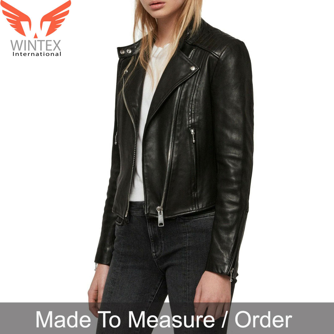 Women’s Real Lamb Leather Bikers Quilted Panels Bikers Leather Jacket