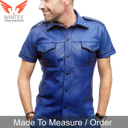 Men’s Lamb Leather Short Sleeves Leather Shirt Blue Leather Shirt With Black Piping
