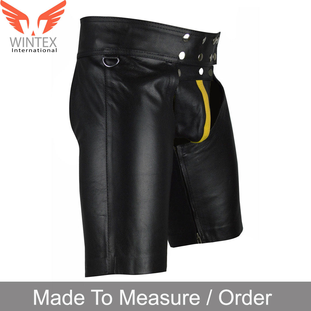 Men’s Real Cowhide Leather Chaps Shorts Leather Chaps With Detachable Codpiece