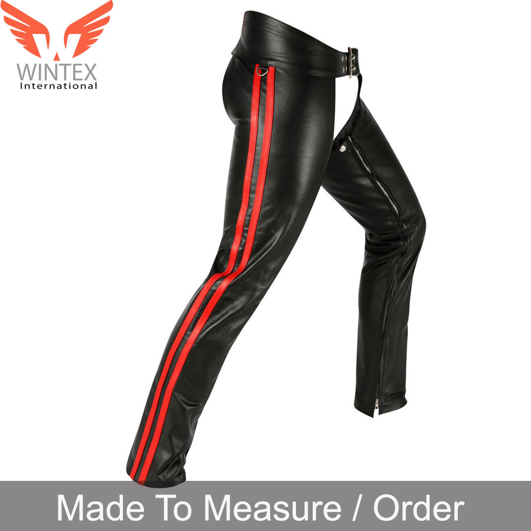 Men’s Real Leather Chaps Bikers Chaps With Detachable Codpiece & Side Stripes