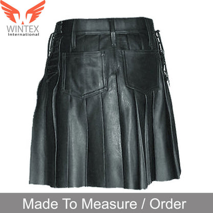 Men’s Real Club Wear Black Leather Kilt With Side Waist Laces For Fitting