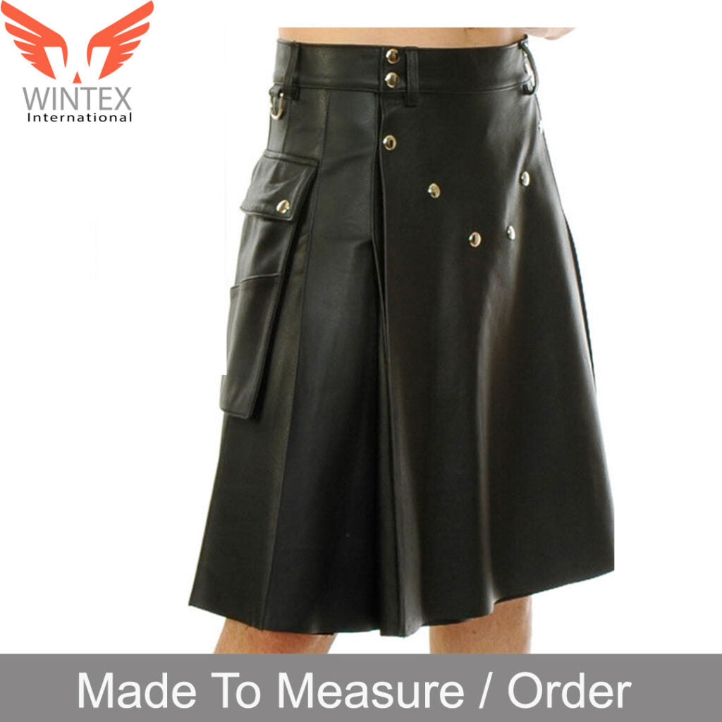 Men’s Real Leather Pleated Kilt With Side Pockets Club Wear UTILITY Leather Kilt