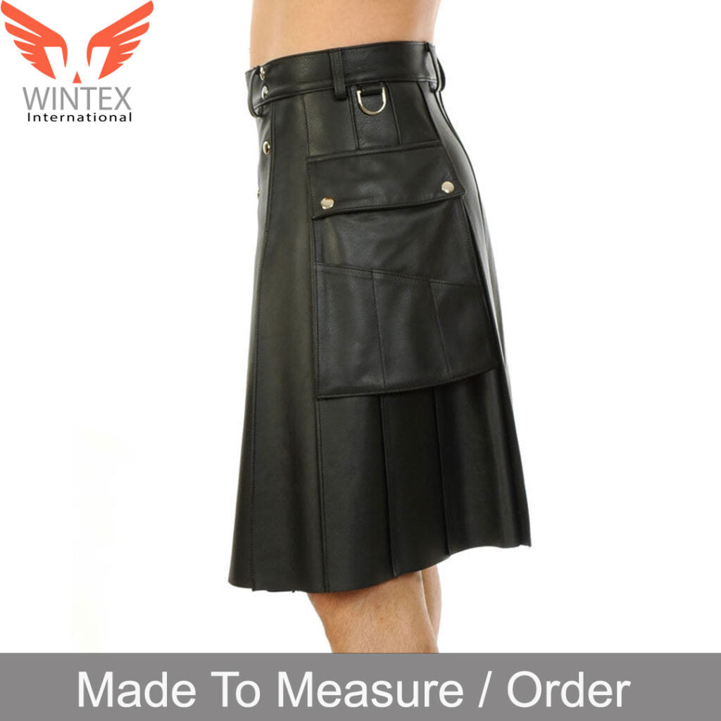 Men’s Real Leather Pleated Kilt With Side Pockets Club Wear UTILITY Leather Kilt