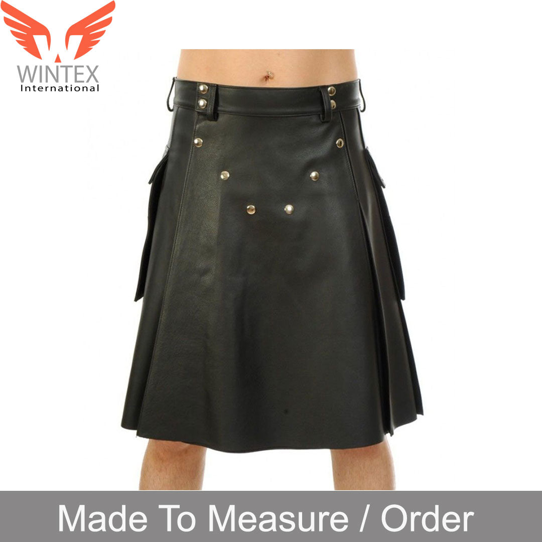 Men’s Real Leather Pleated Kilt With Side Pockets Club Wear UTILITY Leather Kilt