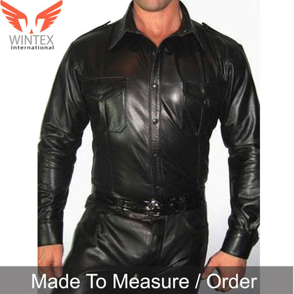 Men’s Real Lamb Leather Police Shirt Long Sleeves Leather BLUF Shirt