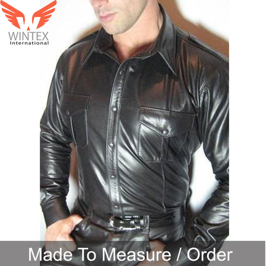 Men’s Real Lamb Leather Police Shirt Long Sleeves Leather BLUF Shirt
