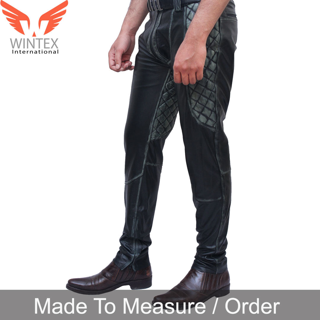 Men’s Distressed Cowhide Leather Quilted Panels Bikers Pants Hand Made Pants