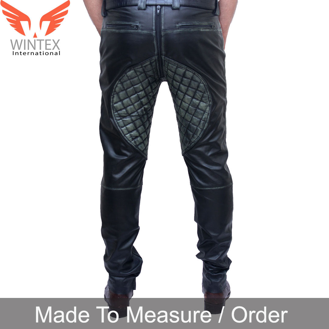 Men’s Distressed Cowhide Leather Quilted Panels Bikers Pants Hand Made Pants