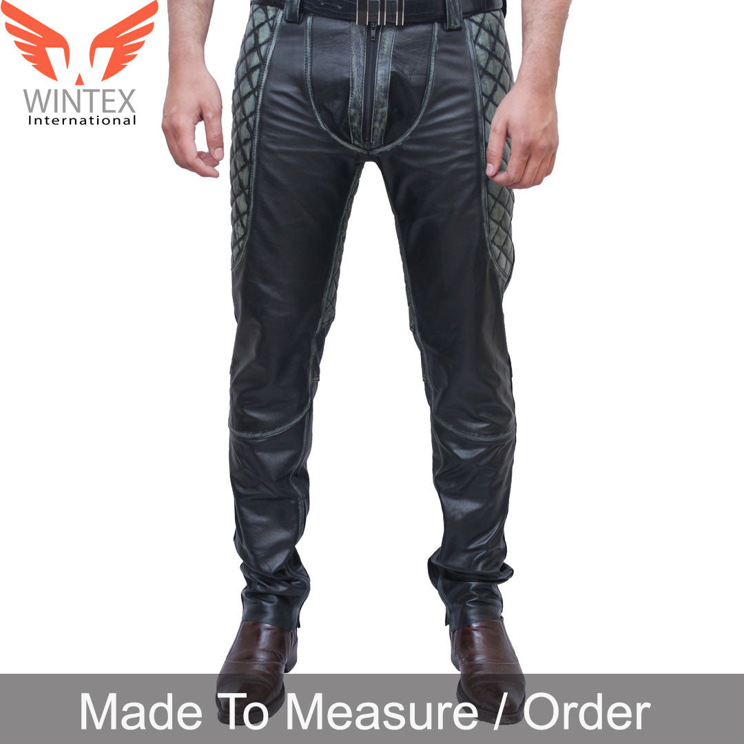 Men’s Distressed Cowhide Leather Quilted Panels Bikers Pants Hand Made Pants