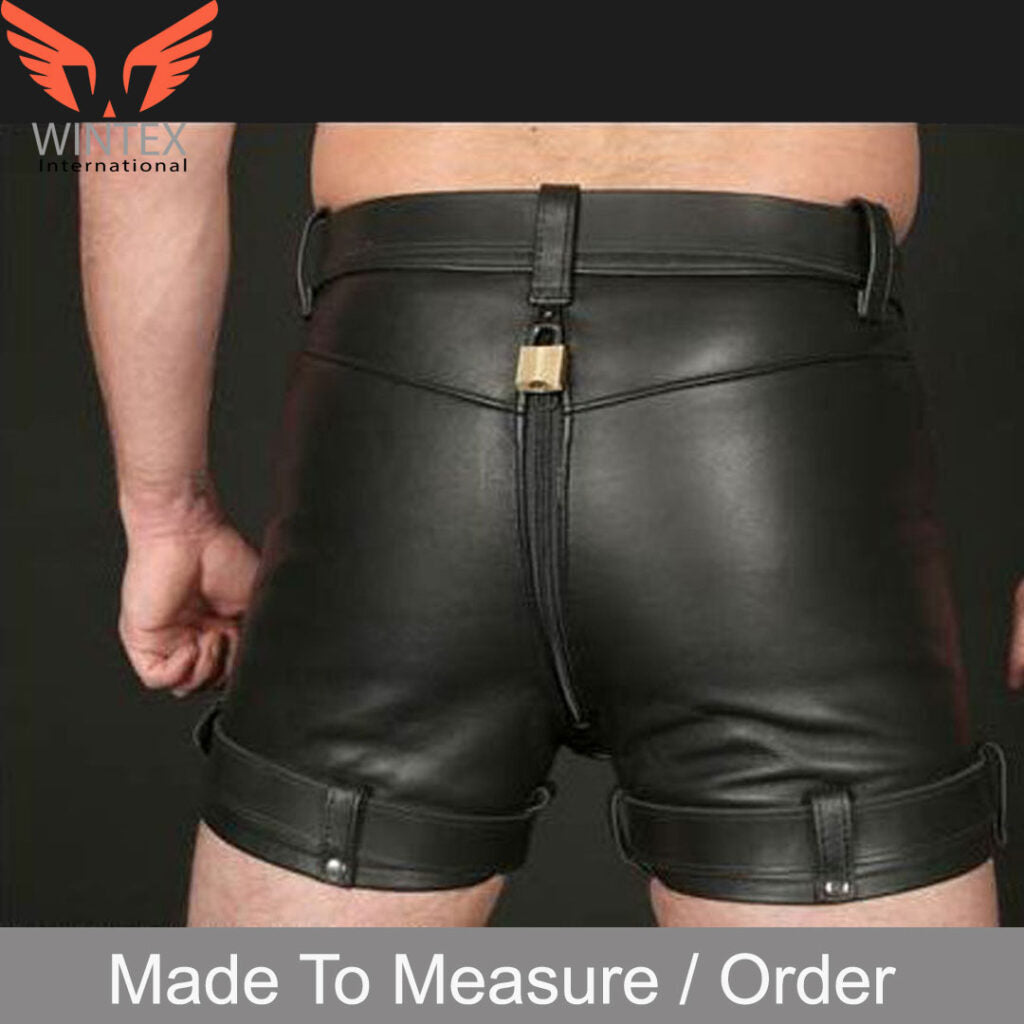 MEN’S REAL LEATHER RESTRAINTS CHASTITY SHORTS WITH FREE PADLOCKS BLUF SHORTS