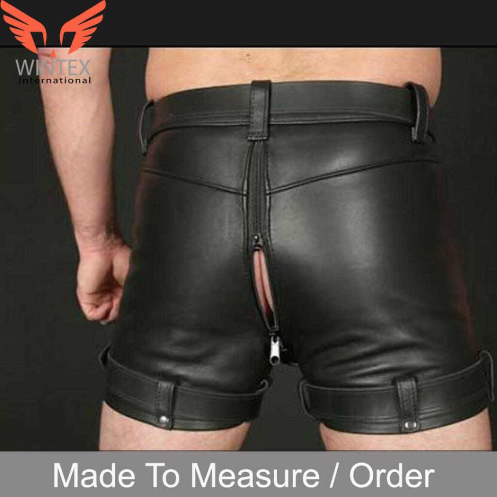 MEN’S REAL LEATHER RESTRAINTS CHASTITY SHORTS WITH FREE PADLOCKS BLUF SHORTS