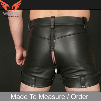 MEN’S REAL LEATHER RESTRAINTS CHASTITY SHORTS WITH FREE PADLOCKS BLUF SHORTS