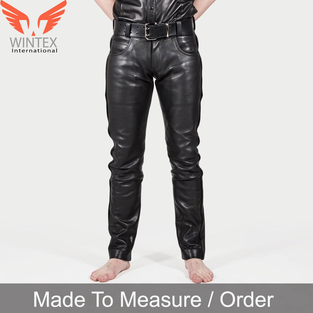 Men’s Real Cow Leather 501 Bikers Pants Leather Slim Fit 5 Pockets Pants
