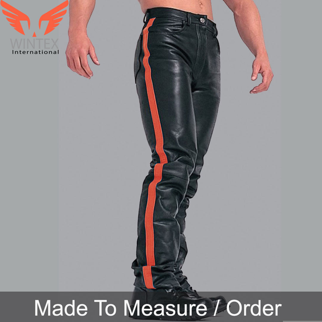 Men’s Real Leather Bikers 5 Pockets Pants Available In 3 Colors Leather Stripes