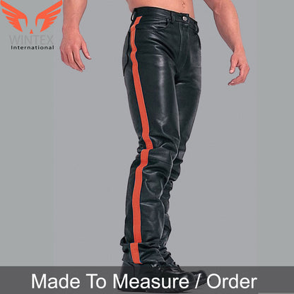 Men’s Real Leather Bikers 5 Pockets Pants Available In 3 Colors Leather Stripes