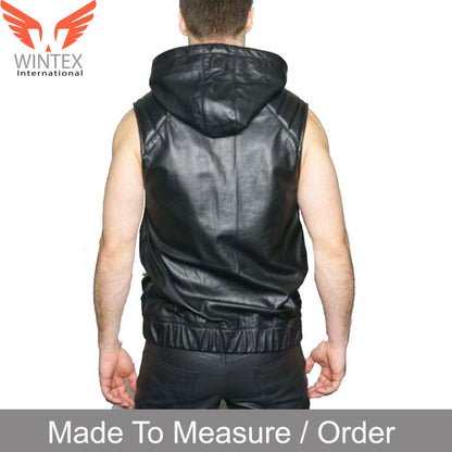 Men’s Real Leather Vest With Hood Quilted Panels Leather Sleeveless Hoodie