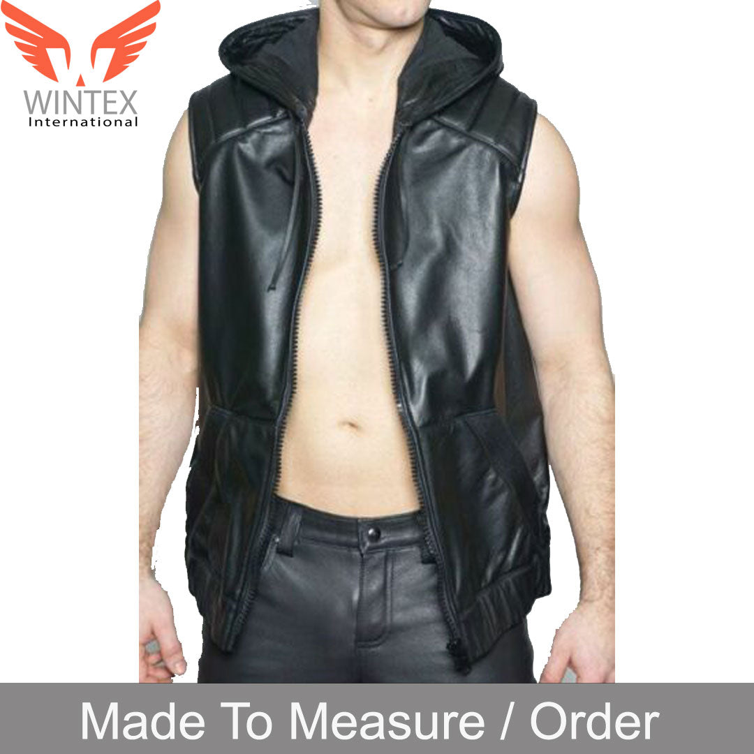 Men’s Real Leather Vest With Hood Quilted Panels Leather Sleeveless Hoodie