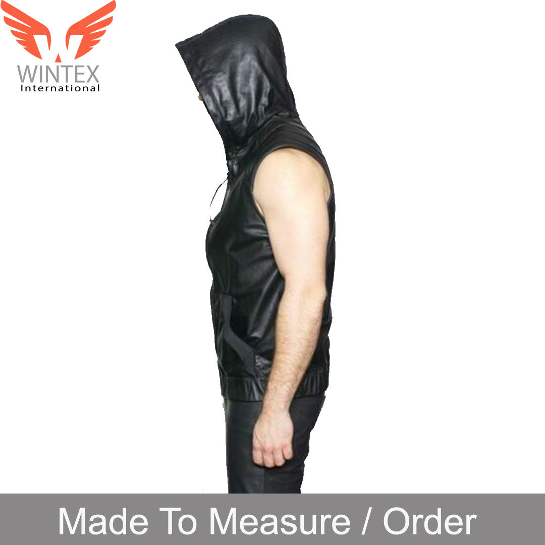 Men’s Real Leather Vest With Hood Quilted Panels Leather Sleeveless Hoodie