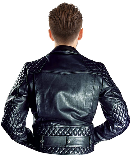 Men’s Cowhide Natural Grain Leather Motorbike Jacket Quilted Panels Bikers Jacket