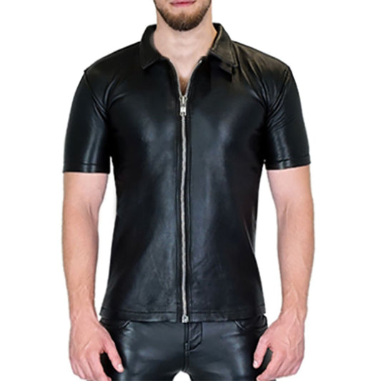 MEN'S REAL LEATHER SHORT SLEEVES ZIP UP SHIRT