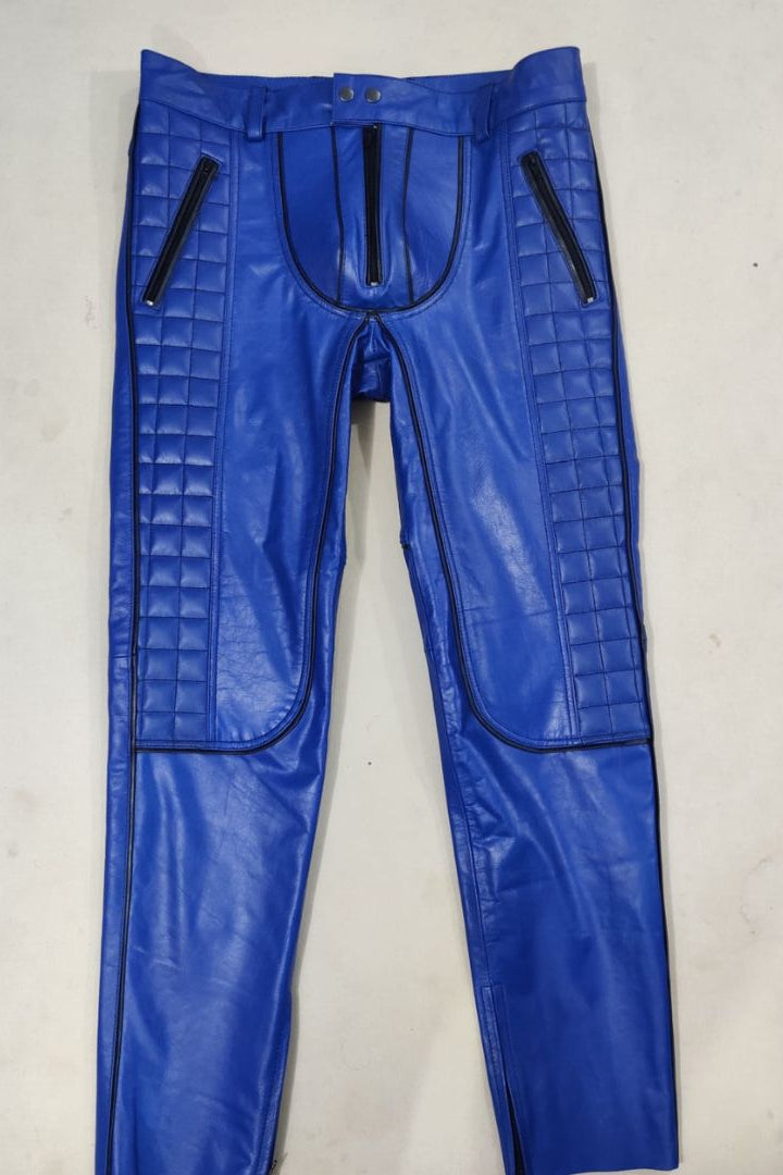 Men's Cowhide Bikers Pants With Quilted Panels & Piping Bikers Pants / Bikers Trousers
