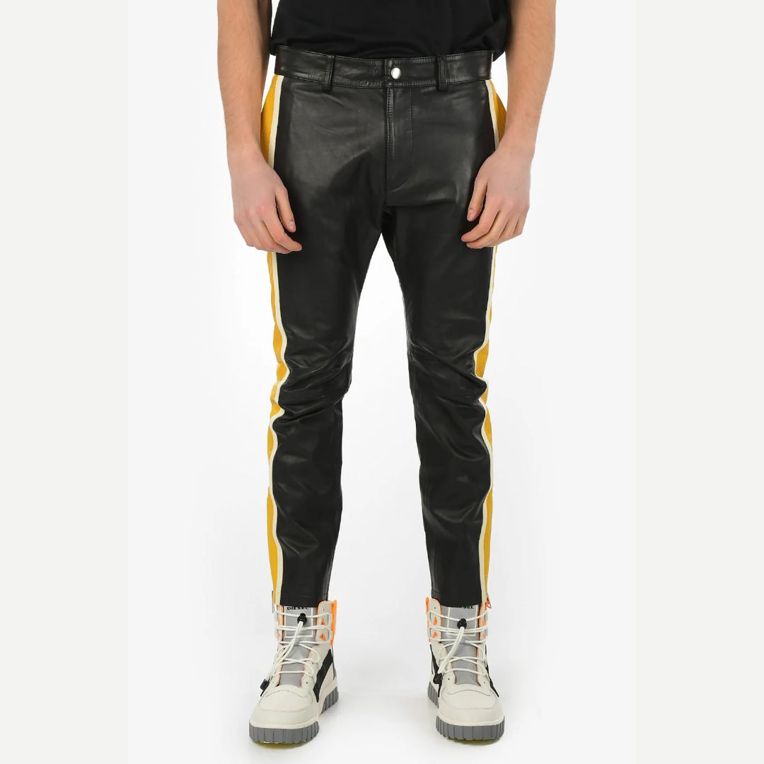 Men's Real Lamb Leather Bikers Pants With Contrast Color Panels / Bikers Trousers