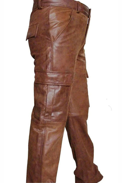 Men's Real Natural Grain Cowhide Vintage Leather Cargo Pants Bikers Pants