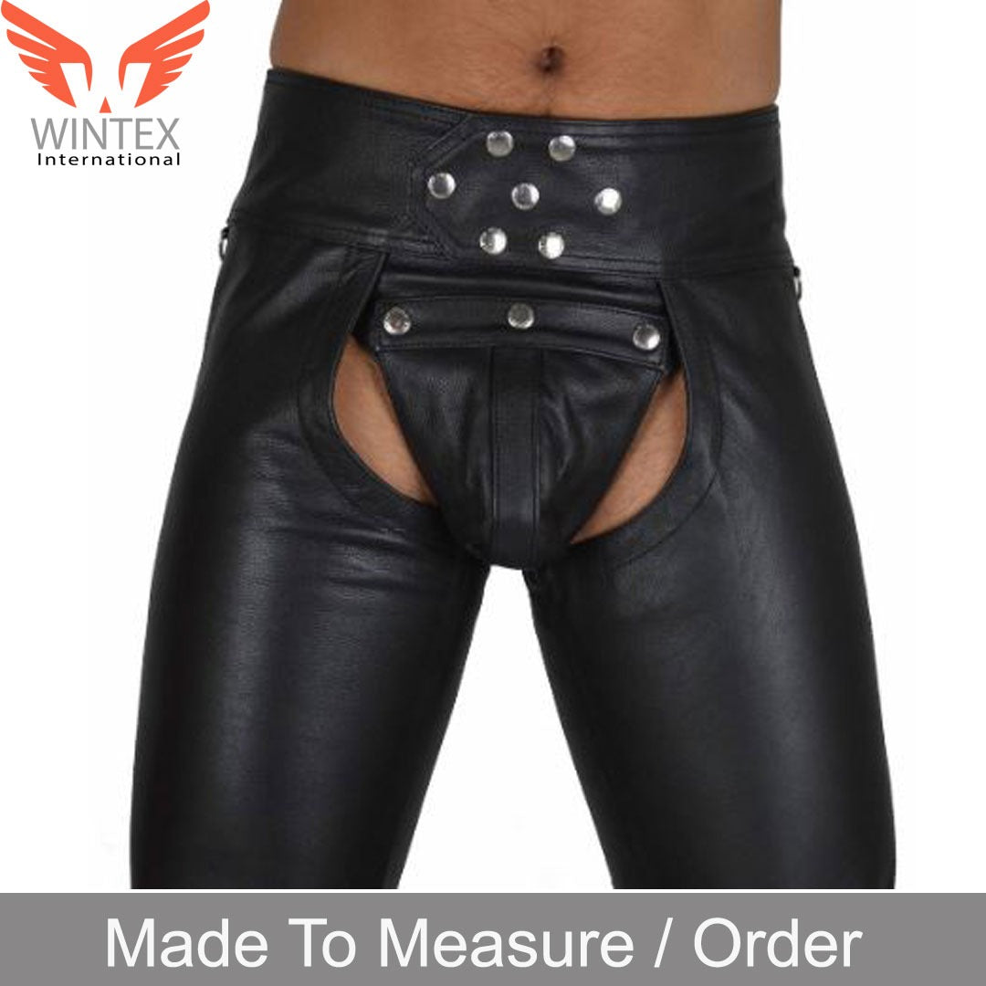 Real Leather Bikers Chaps With Detachable Codpiece Front Button Closure