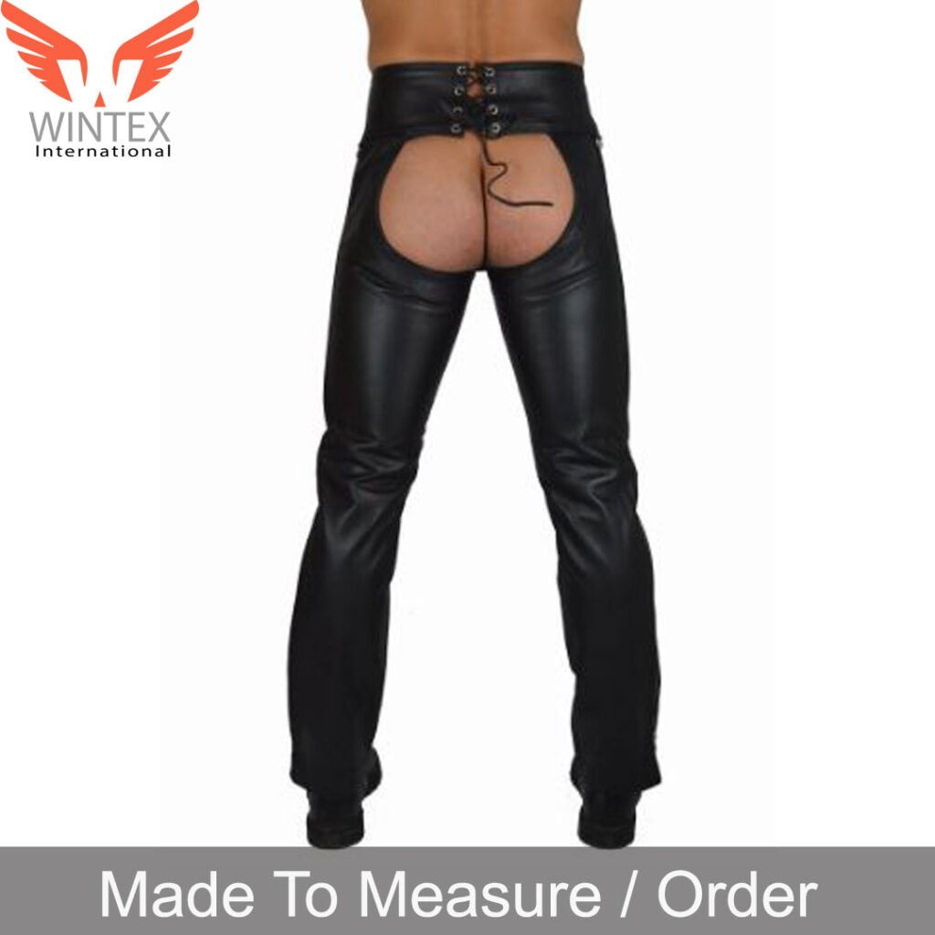 Real Leather Bikers Chaps With Detachable Codpiece Front Button Closure